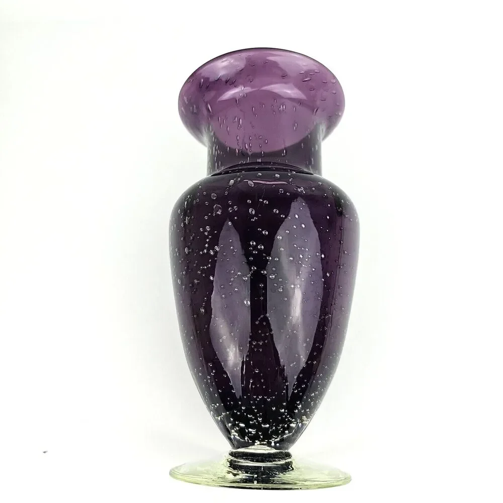 Hand Blown Amethyst Purple Vase Controlled Bubbles Clear Footed Base 8 in Tall